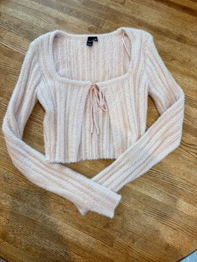 Windsor Blush Ribbed Cropped Sweater with Tie Neck